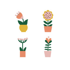 Flowers in pots. Green natural decor for home, office and interior. Vector