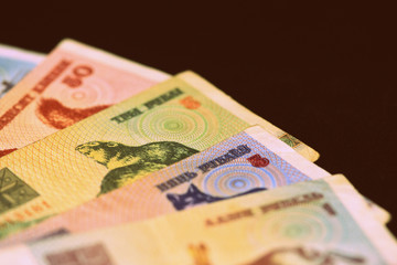 Outdated Belarusian rubles banknotes issued in the 90s. Money background retro style toned