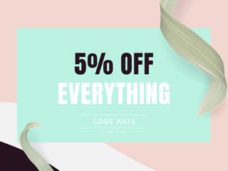 Minimalist everything sale banner mockup template design, rectangle frame decorated with green long leaves in blue and pink tones