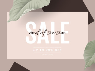 Minimalist sale banner mockup template design, rectangle frame decorated with green leaves in pastel pink gold theme
