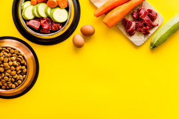 Pet feed ingredients. Raw meat and fresh vegetables near bowl with dry feed on yellow background top-down copy space