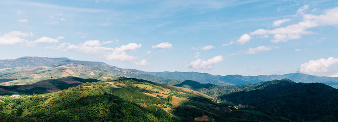 panorama of mountains with blue sky