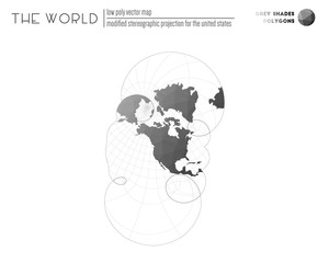 Low poly world map. Modified stereographic projection for the United States of the world. Grey Shades colored polygons. Trending vector illustration.