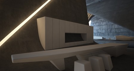 Obraz premium Abstract architectural concrete smooth interior of a minimalist house with swimming pool and neon lighting. 3D illustration and rendering.