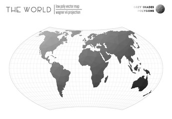 Abstract geometric world map. Wagner VII projection of the world. Grey Shades colored polygons. Trending vector illustration.