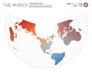 World map with vibrant triangles. Albers equal-area conic projection of the world. Red Yellow Blue colored polygons. Amazing vector illustration.