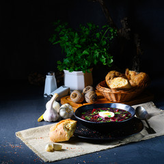 Delicious beetroot borscht with egg