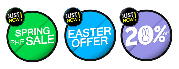 Set Spring Sale banners design template, pre-order season tags, Easter offer, discount 20% off, vector illustration