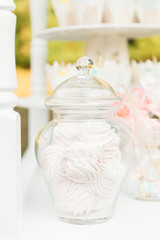 Candy bar children's birthday party, white and pink, selective focus. Pink marshmallows in a jar