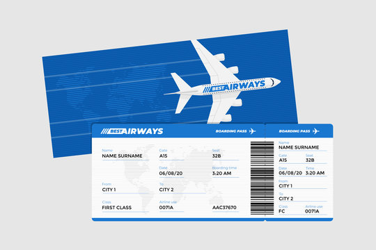 Realistic airline ticket boarding pass design template with passenger name and barcode. Air travel by airplane blue color document vector illustration