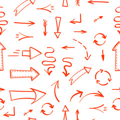 Seamless pattern with different red hand drawn arrows on white background. Doodle vector illustration.