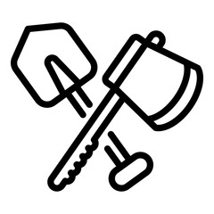 Crossed shovel and axe icon. Outline crossed shovel and axe vector icon for web design isolated on white background