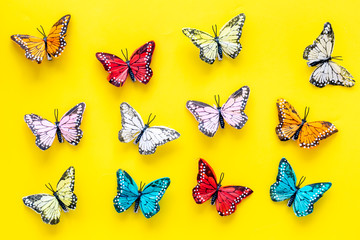 Multicolored tropical butterflies on yellow background top-down pattern
