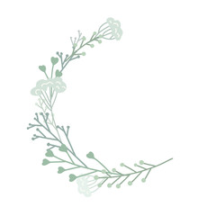 Semicircular frame with plants, branches and grass. Tender round flat hand drawn border. Vector circle lagoon element for greeting cards, invitation cards and your design.