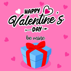 Lettering of Happy Valentines Day with Blue Gift Vector and Red Bow, Pink Background. Flat design, Element for Banner, Flyer, Poster, Card, Invitation