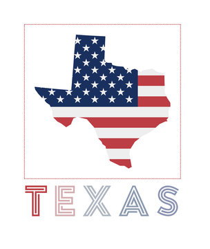 Texas Logo. Map of Texas with us state name and flag. Attractive vector illustration.