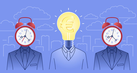 Creativeness In Business. Bizarre idea-manager in between of two figures of bizarre time-managers on background of cityscape. Vector illustration on the subject of 'Success Business'.