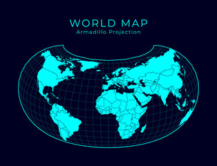 Map of The World. Armadillo projection. Futuristic Infographic world illustration. Bright cyan colors on dark background. Astonishing vector illustration.