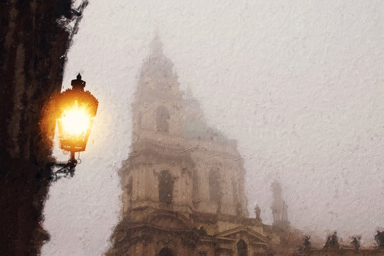 oil painting style illustration of Prague with old street lantern