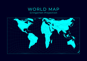 Map of The World. Gringorten square equal-area projection. Futuristic Infographic world illustration. Bright cyan colors on dark background. Trendy vector illustration.