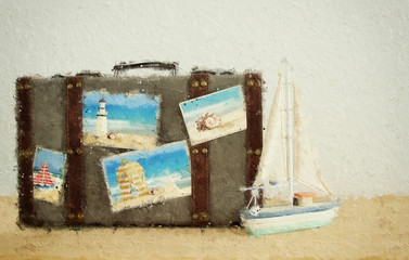 oil painting style illustration of old vintage luggage with vacation photos over wooden floor.