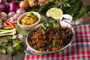 Fried cricket with herbs for health, [Isan food, Fried cricket with herbs, Isan Thai food, Thai food