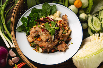[Thai Esan food] Spicy Minced Fish Salad, Thai Esan local food, Thailand