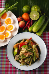 [Thai Esan food] Papaya Salad with boiled egg, Thai Esan local food, Thailand
