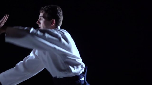 Two Aikido Masters participants of the training in special clothes of aikido hakama work out the methods of single combat. Slow motion. Close up.