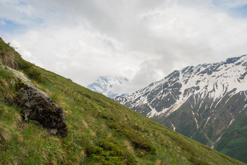 mountain meadows surrounded by snow covered mountain clouds