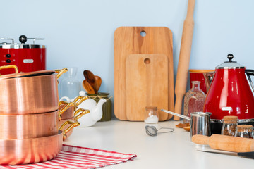 Fototapeta na wymiar Kitchen utensils on a modern home kitchen table top