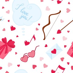 February 14 holiday flat vector seamless pattern. Presents, cupid arrows and hearts decorative backdrop. Valentines Day romantic background. Festive cute wrapping paper, textile design