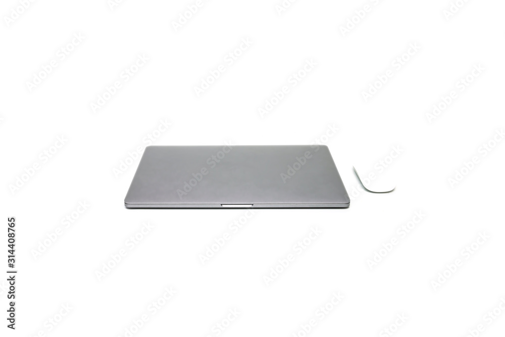 Poster closed gray laptop computer and optical wireless mouse isolated on white background.gray aluminium b