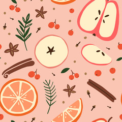 Mulled wine ingredients on a pink background. Design for menu, wallpaper, fabric, wrapping paper or holiday decoration. Vector hand drawn illustration