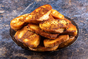 French toast for breakfast sweet dessert selective soft focus. Soft croutons fried in an egg
