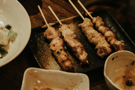 Japan Street Foods Chicken Grilled and hot , Japan market traditional , Top angle.