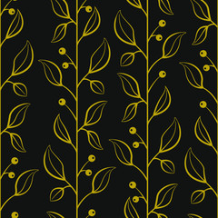 Abstract floral seamless pattern with vertical golden branches, leaves and berries on black background; floral design for fabric, wallpaper, textile, web design. - 314411985