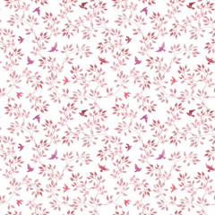 Seamless repeated pattern - hand painted pink leaves and birds. Watercolor girly or feminine design