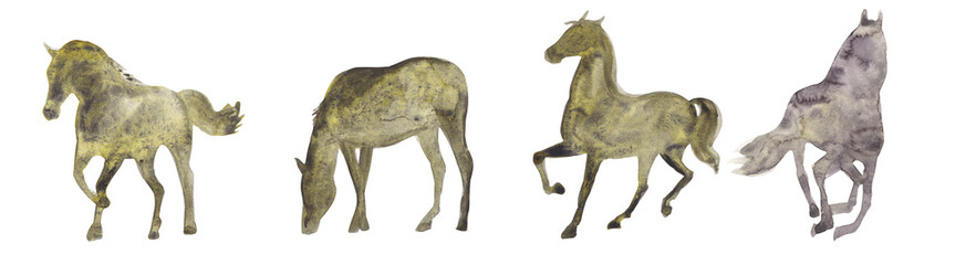 Watercolor illustration. Silhouettes of horses on a white background.