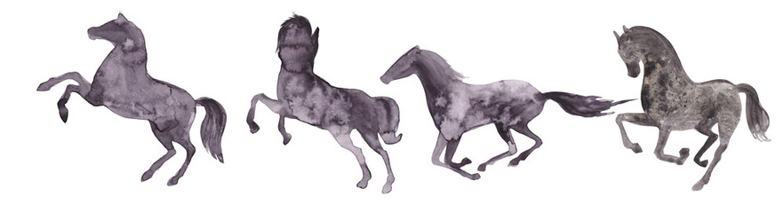 Watercolor illustration. Set of horses silhouettes on a white background.