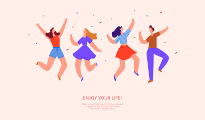 Young people jumping. Stylish modern vector illustration card with happy male and female teenagers and hand drawing quote Enjoy your life