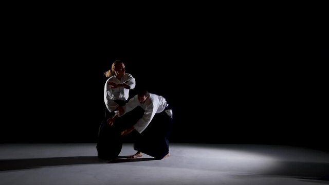 Two Aikido Masters participants of the training in special clothes of aikido hakama work out the methods of single combat. Slow motion.