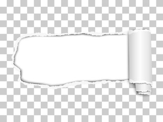 Elongated torn hole from left to right in transparent sheet of paper with soft shadow, paper curl and white background in the hole. Vector paper mock up illustration.
