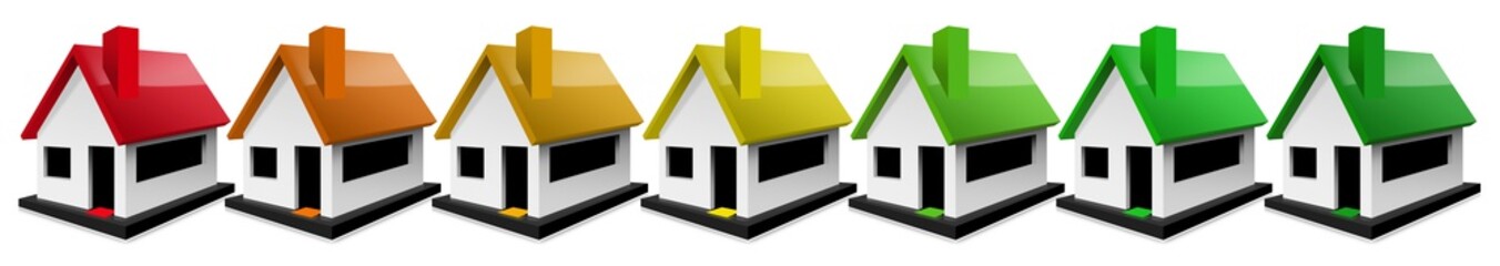 3D illustration of seven model houses with colored roofs, red, orange, yellow and green, forming an energy efficiency rating. Isolated on white background