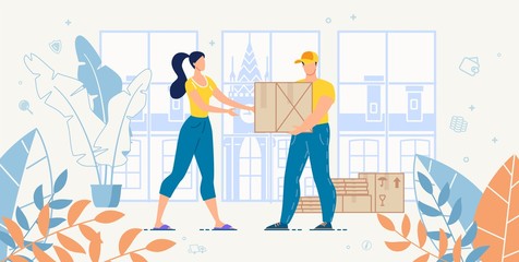 Cargo Transportation Home Express Delivery and Logistic Fast and Reliable Service Advert. Woman Customer Receiving Ordered Goods in Cardboard Packages from Deliveryman. House Moving. Freight Shipment