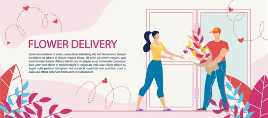 Flower Bouquet Delivery Service Advertisement. Woman Receiving Blooming Plants in Wrapping from Man Courier Worker. Congratulation with International Women Day, Birthday, Anniversary. Ecommerce