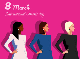 International Women's Day. With with different women. Struggle for freedom, independence, equality.8 march, womans day, womens day background, womens day banners, womens day flyer, womens day design
