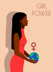 female feminism, the power of women, African American girl and Latino girl look at each other. Feminists hold the symbol of women.  There is also a vector copy in the portfolio