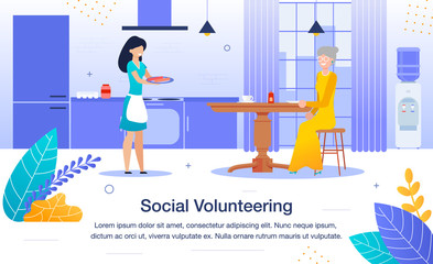Volunteer Help to Aged, Lonely Pensioner, Social Volunteering Trendy Flat Vector Banner, Poster Template. Female Volunteer, Young Lady Cooking Food for Senior Woman on Home Kitchen Illustration