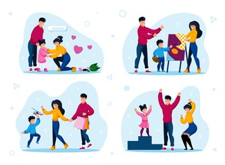 Family Life Daily Routines and Activities Types Trendy Flat Vector Set. Parents Calming Down Crying Daughter, Visiting Drawing Lessons, Buying Toys, Celebrating Kids Achievement Isolated Illustrations